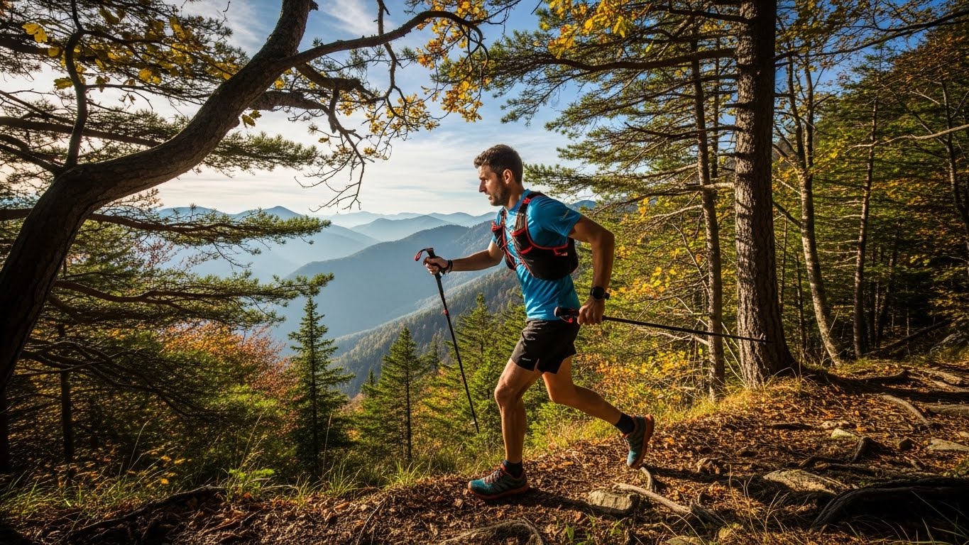 A runner powering through a forested mountain trail, gripping a trailrunning stick for support in the dense, tree-covered terrain