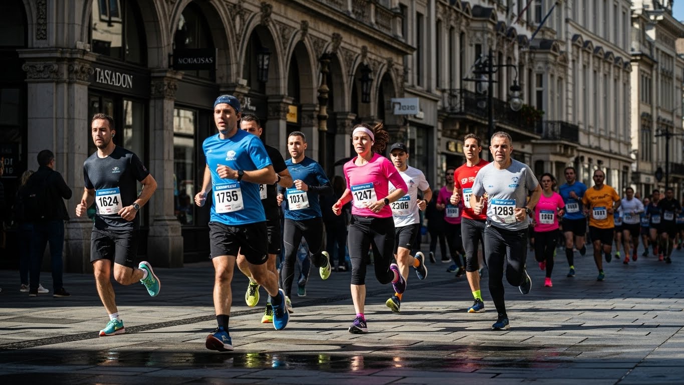Marathon runners wearing race bibs during the start of a race, highlighting the history and function of marathon bib numbers.
