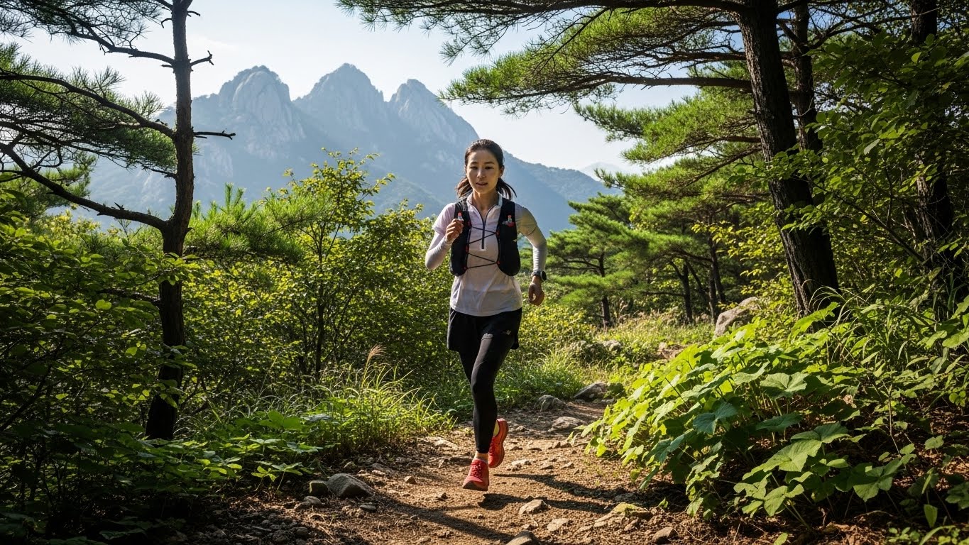 A Korean woman enjoying a healing run in the natural scenery of Bukhansan.