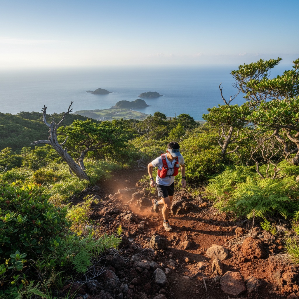 제주트레일러닝 대회 제주트런 완벽 가이드 트레일러너라면 놓칠 수 없다 2 Runner on a scenic Jeju trail overlooking the forest and ocean