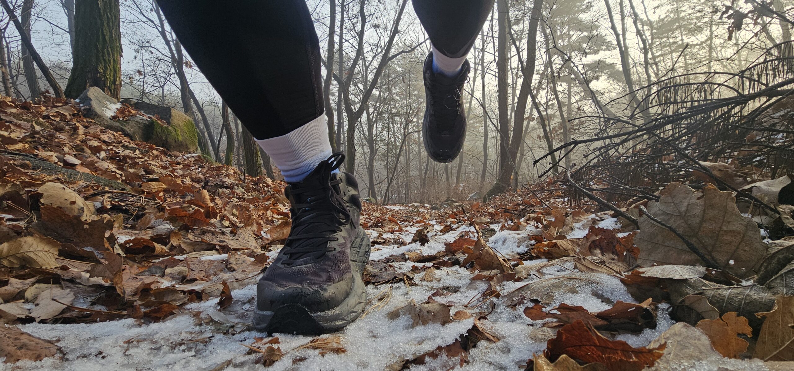 A dynamic low-angle shot of trail running shoes moving through a path covered with fallen leaves and patches of frost on Sapae Mountain.