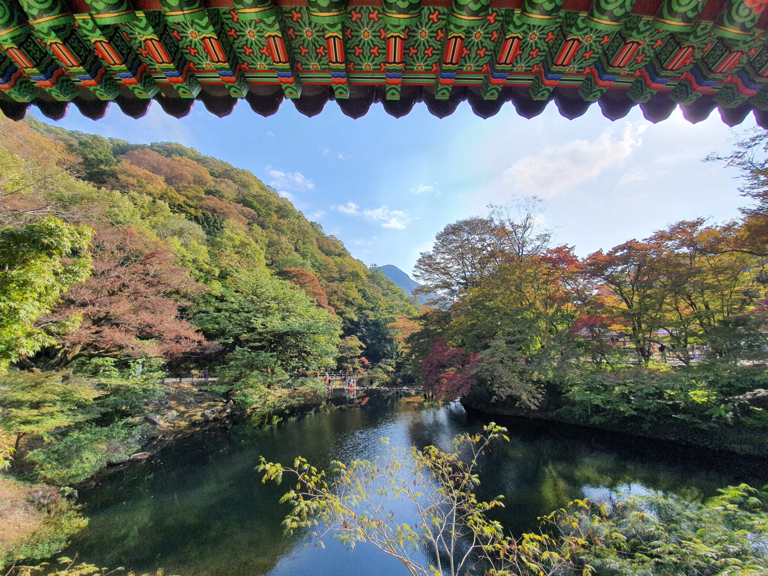 A colorful pedestrian bridge covered with rainbow-patterned panels, overlooking a lush green valley and mountains in the background.