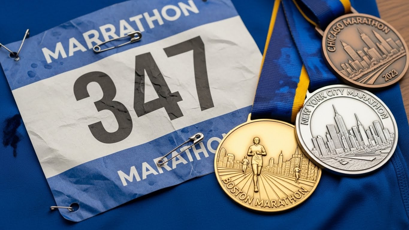 Marathon bib number 347 and finisher medal placed together — representing the history and symbolic meaning of marathon bibs and medals.