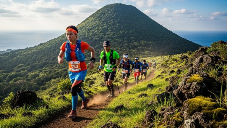 Group of trail runners participating in the Jeju Trail Running Competition (Jeju TRUN) on a mountain trail, with a focus on active sports and adventure.