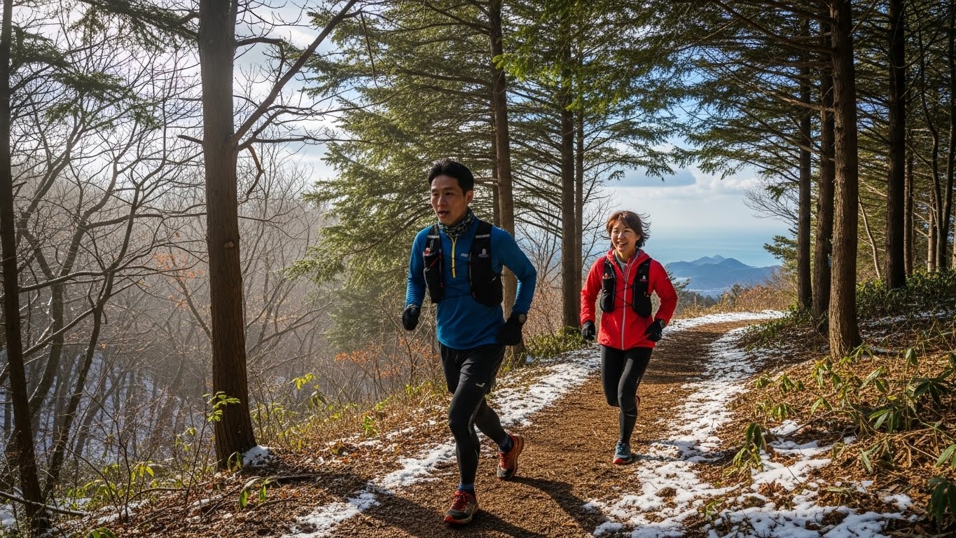 Male and female runners participating in the Imdo Run at Sanbangsan, Geojedo, in January