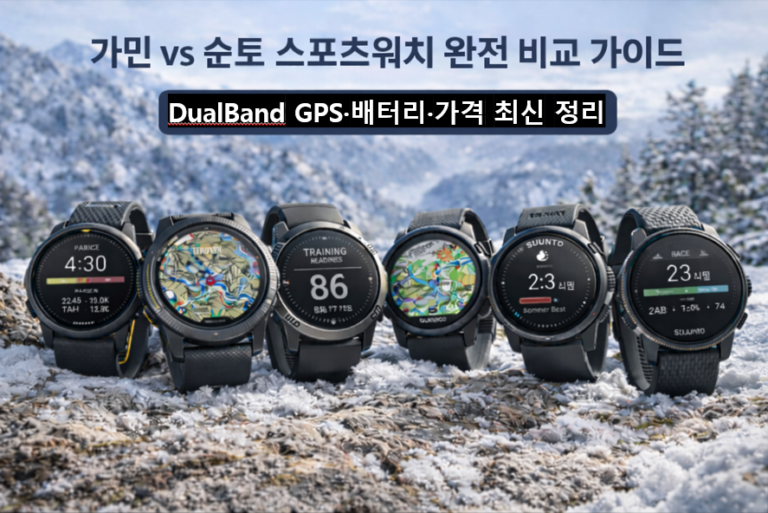 듀얼밴드 GPS를 지원하는 가민과 순토 스포츠워치를 비교한 이미지, 러닝과 트레일 환경에서 성능 차이를 보여주는 스포츠워치 선택 가이드